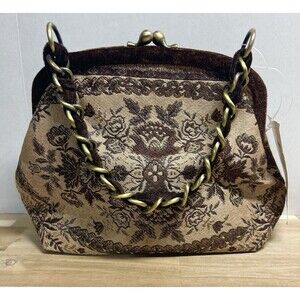 Vintage Marco Avane Floral Tapestry Evening Bag Brown Velvet Gold Kiss Lock NOS